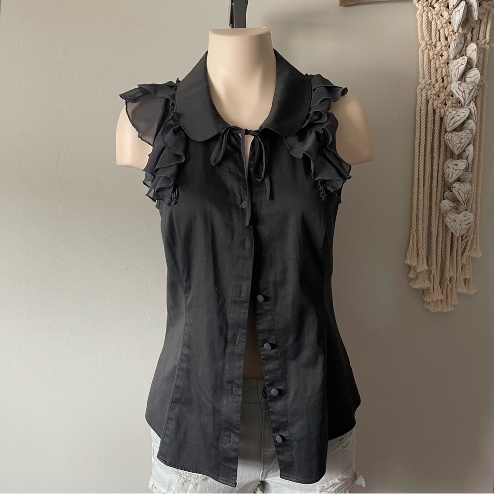 Free People Ruffles Sleeveless Button Down Top Peter Pan Collar Front Tie